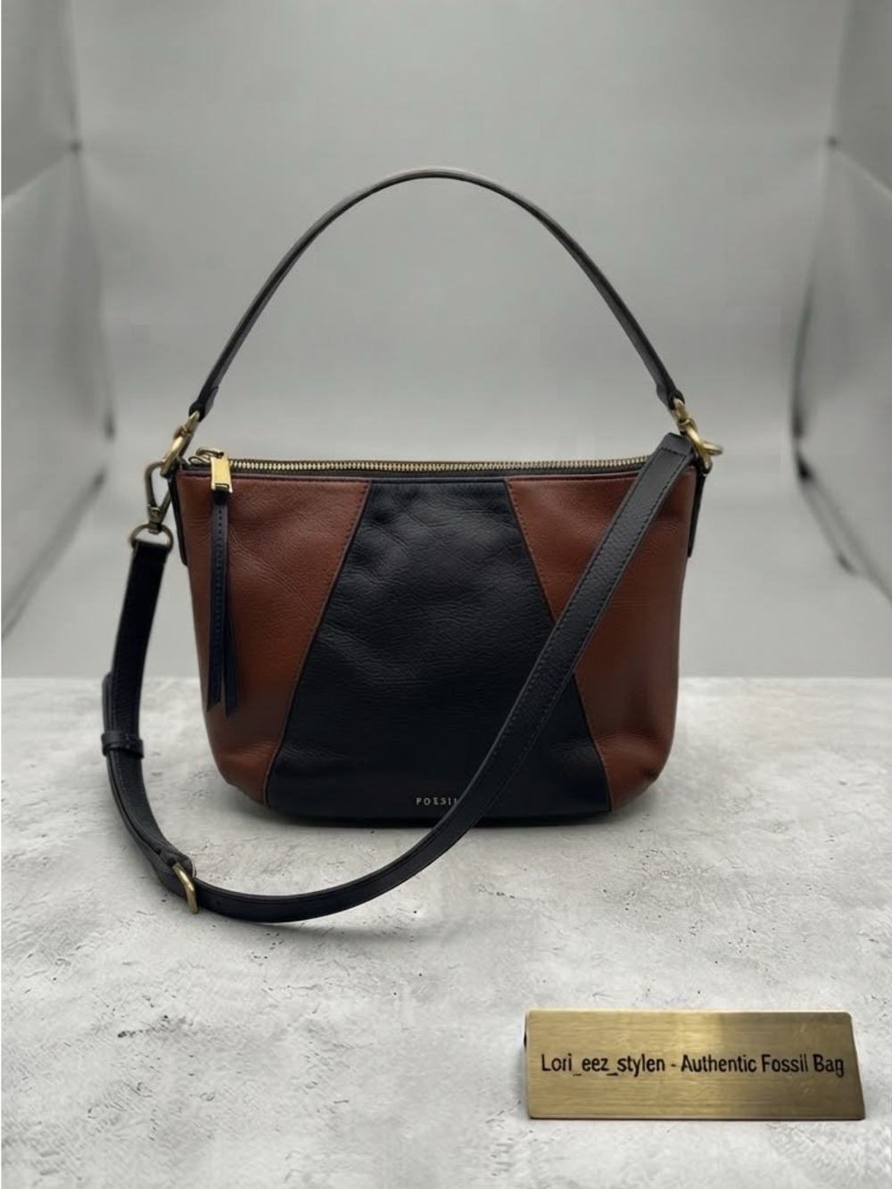 Fossil Brown and Black Leather Shoulder Bag with Removable Strap